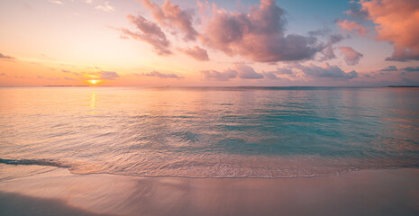Closeup sea sand beach. Panoramic beach landscape. Inspire calm tropical seascape horizon. Colorful...