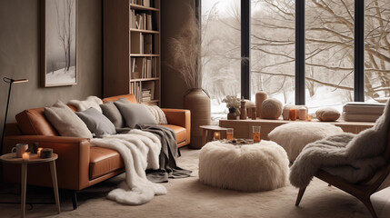 Hygge living room with a view on winter forest