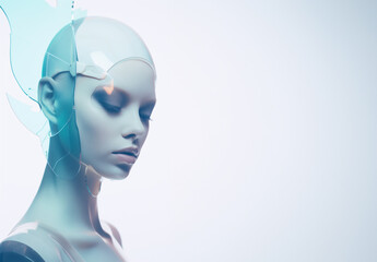 Newly manufactured augmented biomechatronic cyborg  female in stasis - ultra futuristic depiction of possible artificial intelligence humans - idealistic science fiction. 