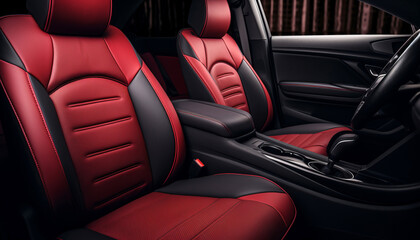 Interior of a modern luxury car in black and red tones