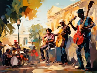 City Street Jam: Bands Playing in the Park - A Vibrant Color Art Poster with Exotic Atmosphere, Earth Tone Palette, Gesture Painting, Transavanguardia, Shaped Canvas. Immerse in the Musical Fusion