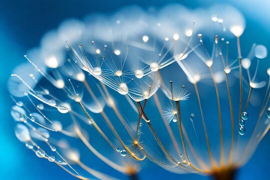 Beautiful dew drops on a dandelion seed macro. Beautiful blue background. Large golden dew drops on a parachute dandelion. Soft dreamy tender artistic image form