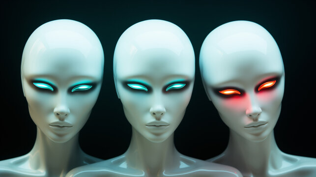 Newly augmented synthetic biomechatronic android robotic female triplets - ultra futuristic depiction of possible artificial intelligence replacement of humans - science fiction replicants.