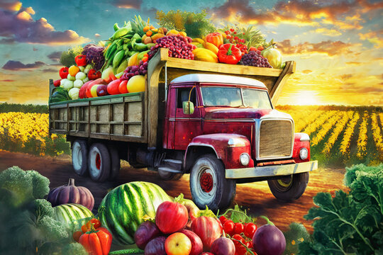 A truck loaded with healthy fruits and vegetables in a harvest field.