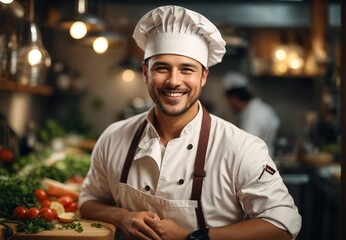 Handsome white men wearing chef costume and hat, vegetable and kitchen equipment on the background