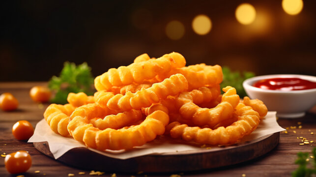 Curly fries fast food snack in wooden with ketchup