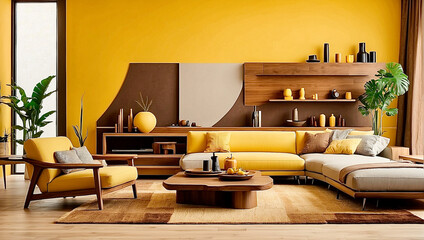 A living room with a couch and a table. A I generated