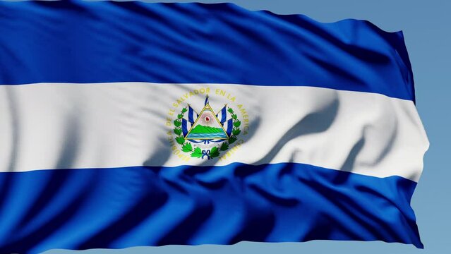 Close-up of the national flag of El Salvador flutters in the wind on a sunny day , 4k slow motion