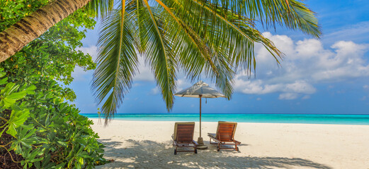 Beautiful panoramic sea sand sky. Tropical relax beach sunny summer island landscape. Love couple...