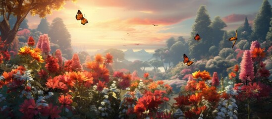 beautiful summer forest of Europe, the colorful flowers create a vibrant background against the silver hues of nature, while butterflies dance gracefully, adding an enchanting touch to the