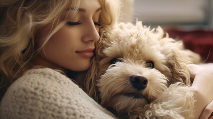 Beautiful Blonde Woman in a Serene Hug with Her Fluffy Dog, Experiencing Joyful Happiness and Affectionate Friendship