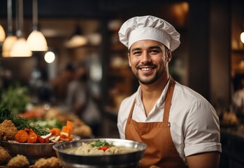 Handsome white men wearing casual clothes with apron and chef hat, soup in a bowl and fried chicken on the background
