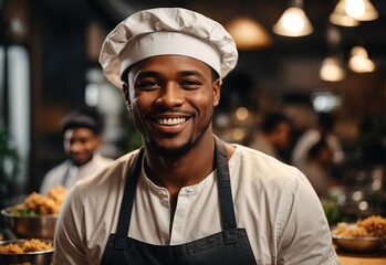 Handsome black men wearing casual clothes with apron and chef hat, soup in a bowl and fried chicken on the background