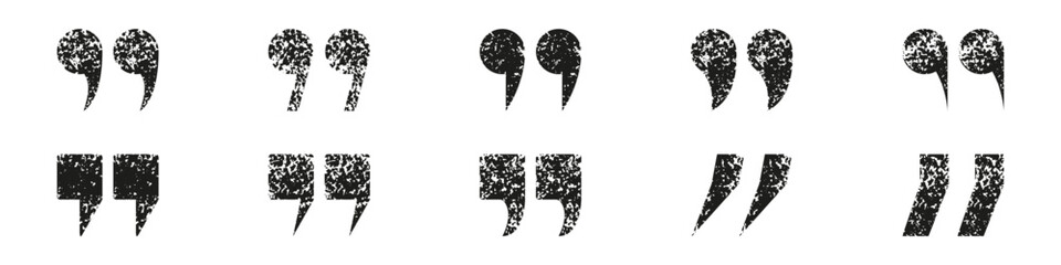 Quote Mark Grunge Texture Icon Set. Black Double Comma, Speech Punctuation Dirty Symbols. Quotation Grimy Sign Collection. Dialogue Or Conversation Concept. Isolated Vector Illustration