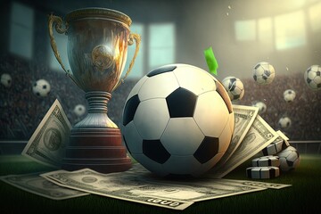 Betting, Footbal ball and cup with packs of dollar on football a
