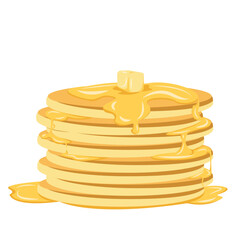 Pancakes with syrup and butter isolated on a white background. 