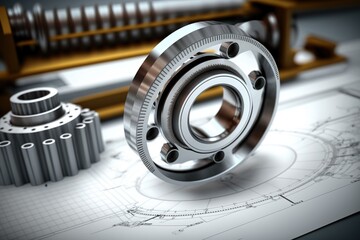 Bearings with trammel on technical drawing background. Engineeri