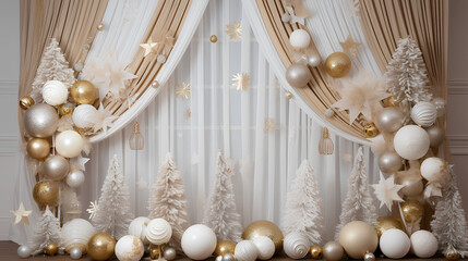 Christmas decoration. Curtains with lights, Christmas balls, gifts, garlands... Christmas backgrounds
