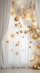 Christmas decoration. Curtains with lights, Christmas balls, gifts, garlands... Christmas backgrounds

