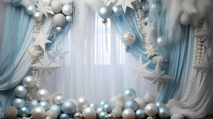 Christmas decoration. Curtains with lights, Christmas balls, gifts, garlands... Christmas backgrounds

