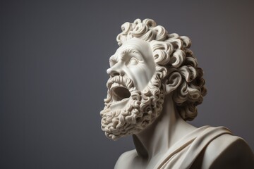 Stoicism mature man head statue with funny screaming emotion. Bright minimal studio setup, front view - obrazy, fototapety, plakaty