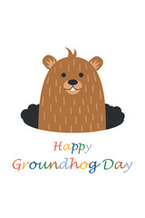 Inscription Happy Groundhog Day. A marmot crawling out of a hole, holiday postcard. The groundhog crawled out of the hole, looked and thought.
