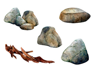 Stones smooth and log set from seascape. Watercolor drawiing of river brown rocks and log on white background - obrazy, fototapety, plakaty