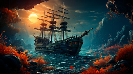 Obraz premium a ship in the sea, illustration art digital