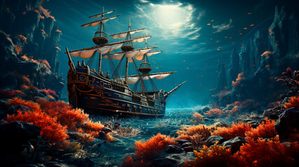 a ship in the sea, illustration art digital - obrazy, fototapety, plakaty