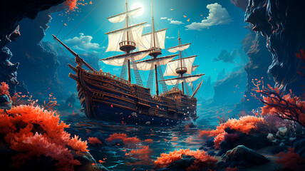 a ship in the sea, illustration art digital