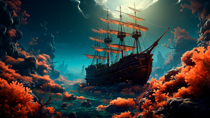 a ship in the sea, illustration art digital