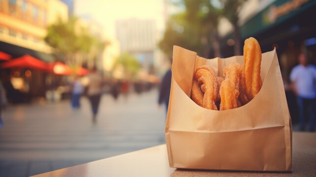 Paper bag full of tasty handmade churros. Concept of typical dessert of Spain.