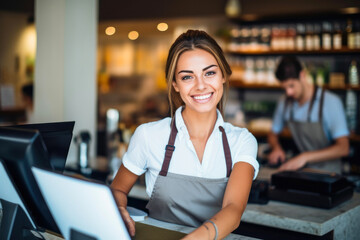 Smiling, young and attractive saleswoman, cashier serving customers. - obrazy, fototapety, plakaty