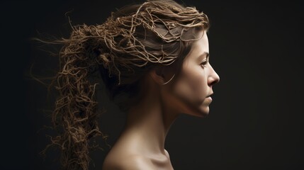 Portrait of Woman with dry hair turned into withered tree branches. Concept of damaged hair, loneliness and depression. - obrazy, fototapety, plakaty