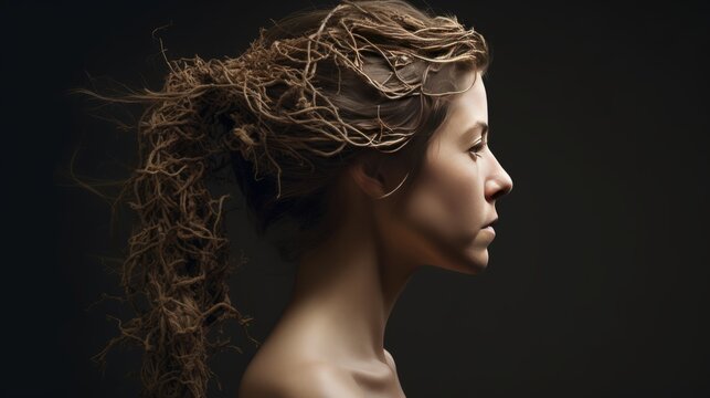 Portrait of Woman with dry hair turned into withered tree branches. Concept of damaged hair, loneliness and depression.