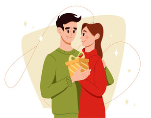 Christmas Presents Concept. Young Man Giving a Present to Woman. Happy Couple. Vector Illustration in Flat Style.