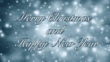 Merry Christmas and Happy New Year words letters design on paper background with white and blue spots and animated snow. Text background backdrop.