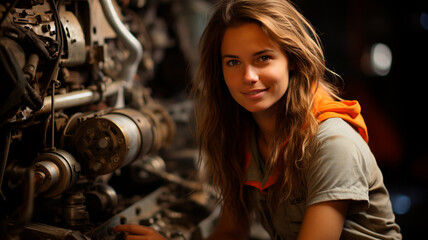 portrait of a young mechanic working in an industrial garage. the girl is working on the car.
