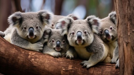 A group of koalas in an Australian eucalyptus forest