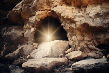 Easter Sunday concept: Jesus Christ is risen from tomb. View from empty cave on Calvary hill to Jerusalem. Christian Easter concept. Church worship, salvation concept