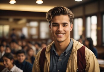 Handsome white men wearing school uniform, smile, education, school on the background