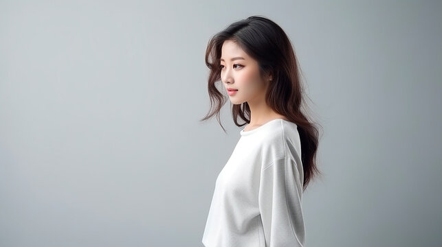 portrait of a young  asian woman in a light white shirt, side view on a light background
