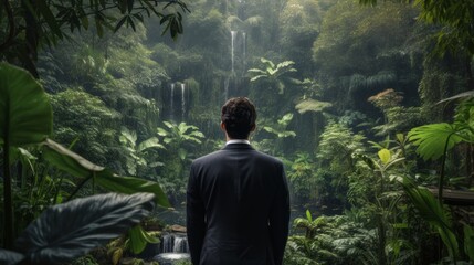 ジャングルを見つめるスーツの男性の後ろ姿