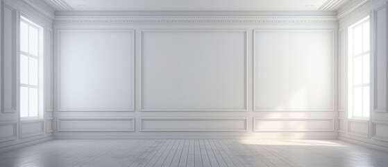 White apartment template. Wall background with moulding panels. Minimal interior mockup. Generative ai - obrazy, fototapety, plakaty