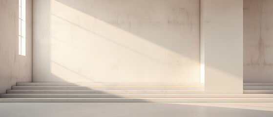 Contemporary beige interior mockup. spacious apartment. Textured concrete empty wall with overlay shadow effect. Empty podium, display, for product presentation. Minimal background. Generative ai.