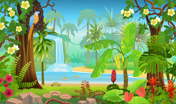  Jungle forest view. Jungle with green tropical trees, river or lake and a waterfall, plants, shrubs and flowers. Wildlife panoramic with landscape. Vector cartoon illustration.