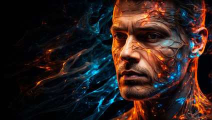 A close-up of the face of a cyber man, glowing electrical pulses pass through his skin, creating a feeling of shine on the face. 