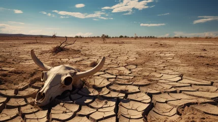 Tuinposter 干ばつでひび割れた大地と動物の骨 © fumoto-lab