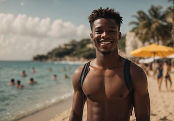 Black men shirless, smile, beach on the background