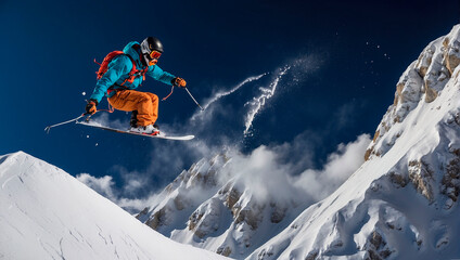 A snowboarder rides down the slope of a snow-capped mountain on a sunny day.